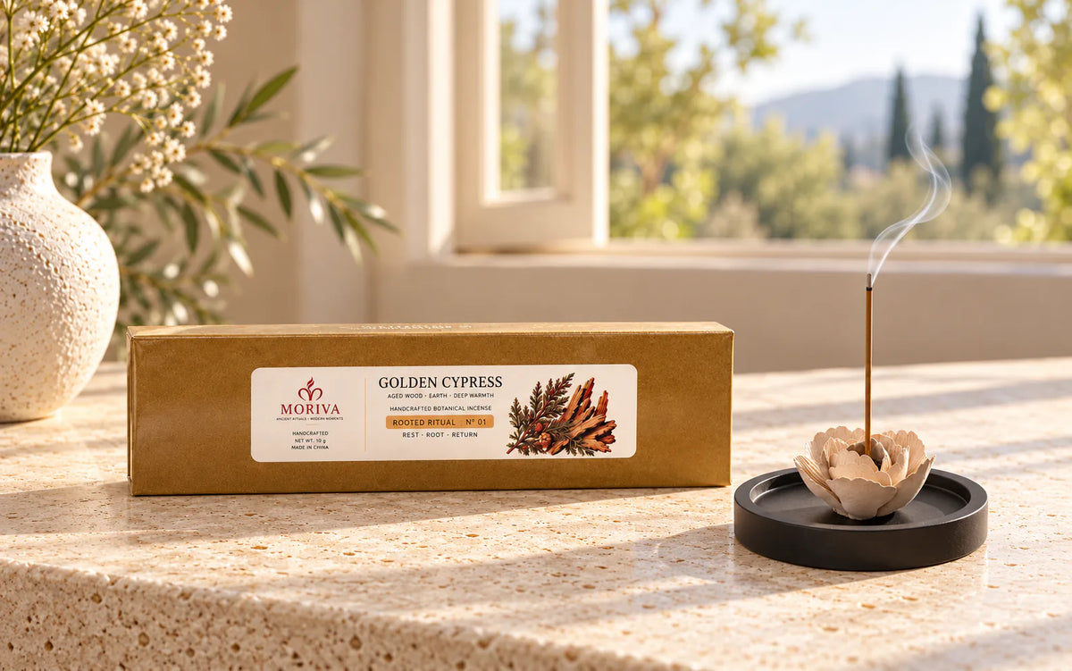 MORIVA Golden Cypress incense burning in a ceramic flower holder on a heat-safe tray